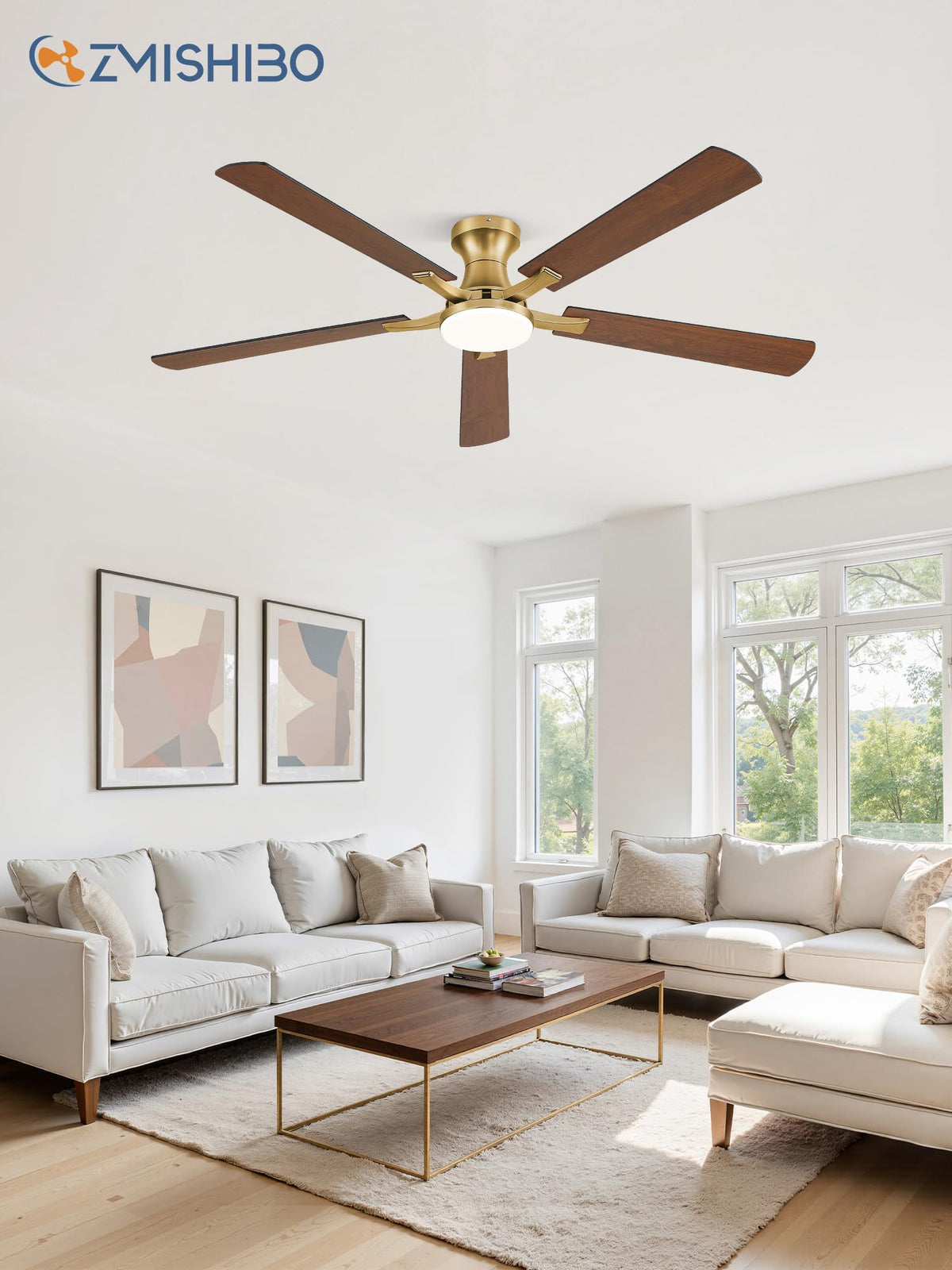 ZMISHIBO 52 Inch Ceiling Fans with Lights, Remote&App Control, Flush Mount