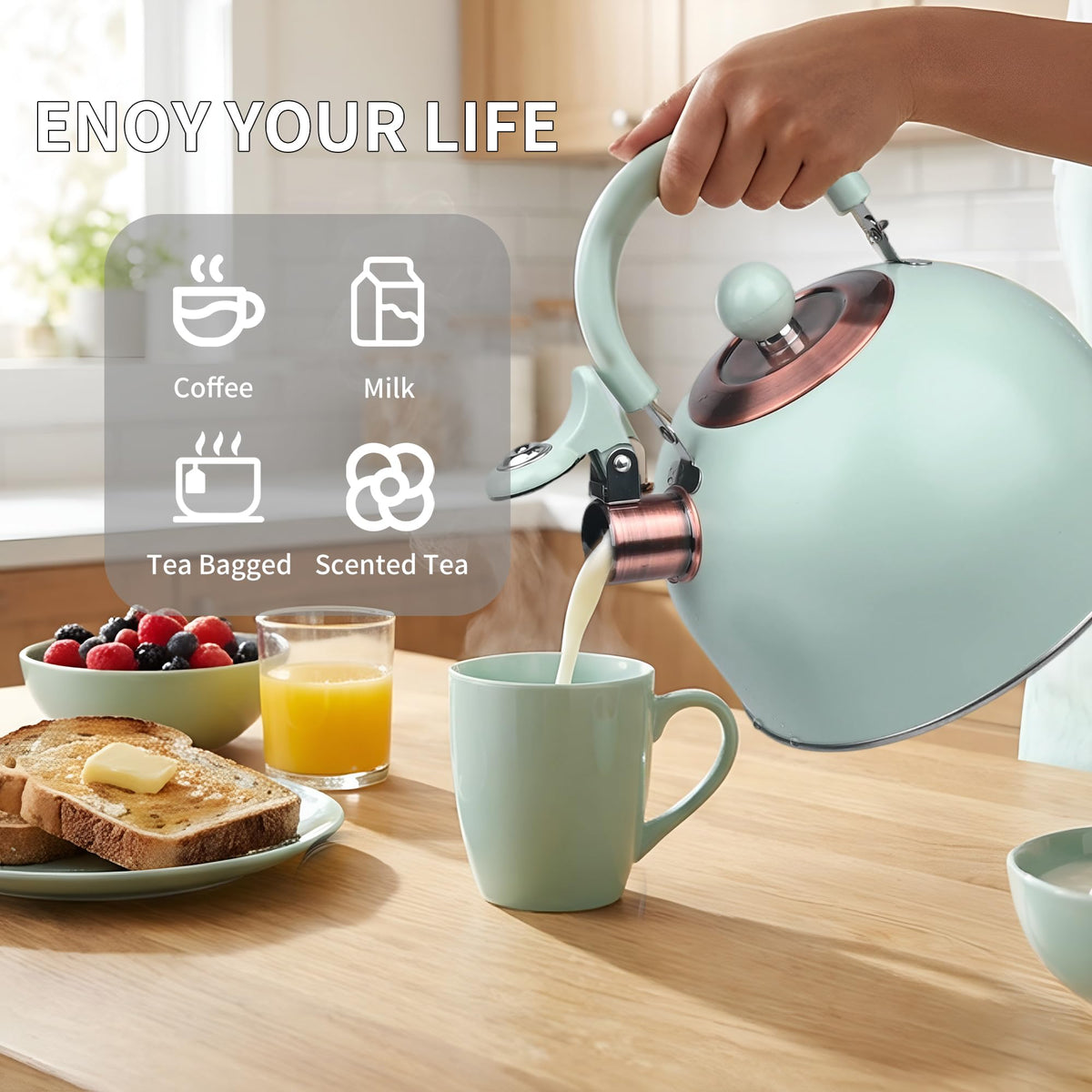 2.6 Quart Yellow Whistling Tea Kettle, Multiple Color Available, Stainless Steel Stovetop Teapot with Cool-Touch Handle, Loud Whistle, Induction Compatible for Gas, Electric & Glass Cooktops