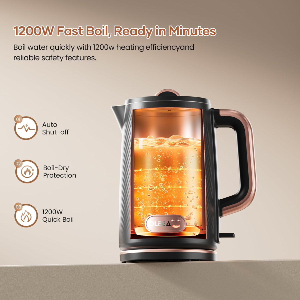OLEGA Electric Kettle: 1200W Fast Boil Electric Water Kettles, 1.5L Double Wall Stainless Steel Tea Kettle, Auto Shut-Off, BPA-Free Hot Water Boiler Teapot for Coffee & Tea -Ligth Green