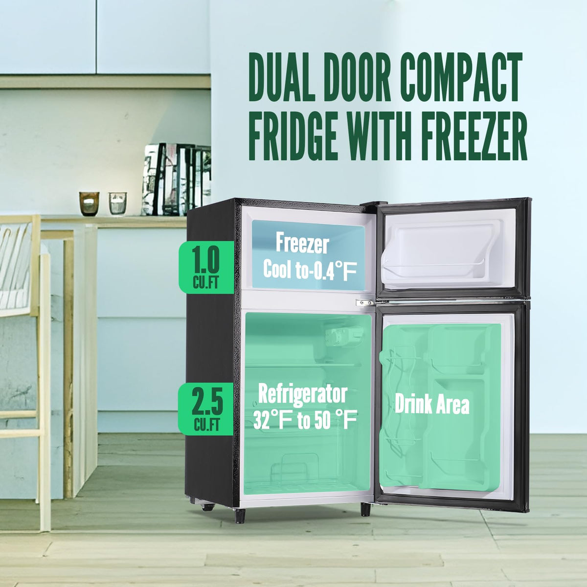 Mini Fridge with Freezer, 3.5 cubic feet 2- Doors Small Refrigerator Features 7 Gear Mechanical Control, Side Bottle Rack, Ideal for Dorm, Kitchen, Apartment, Office, Silver