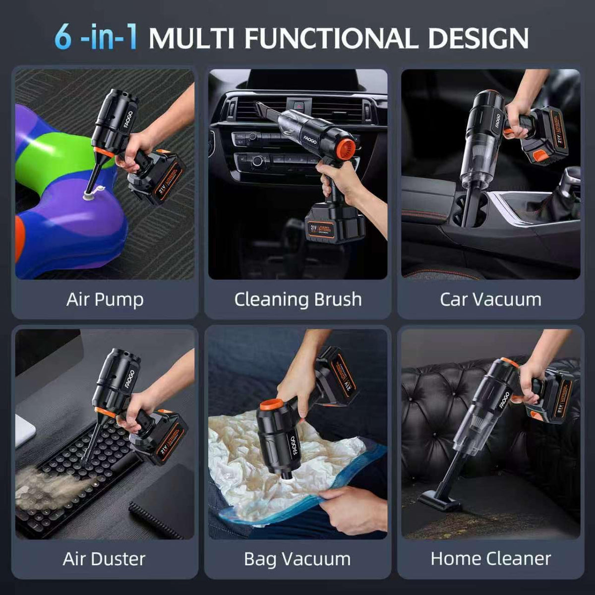 Car Vacuum Portable Cordless, 50000Pa High Power Brushless Motor, Rechargeable Handheld Vacuum with 2 Batteries & Charger, 6-in-1 Vacuum Cleaners for Home, Pet Hair & Keyboard, Ink Black
