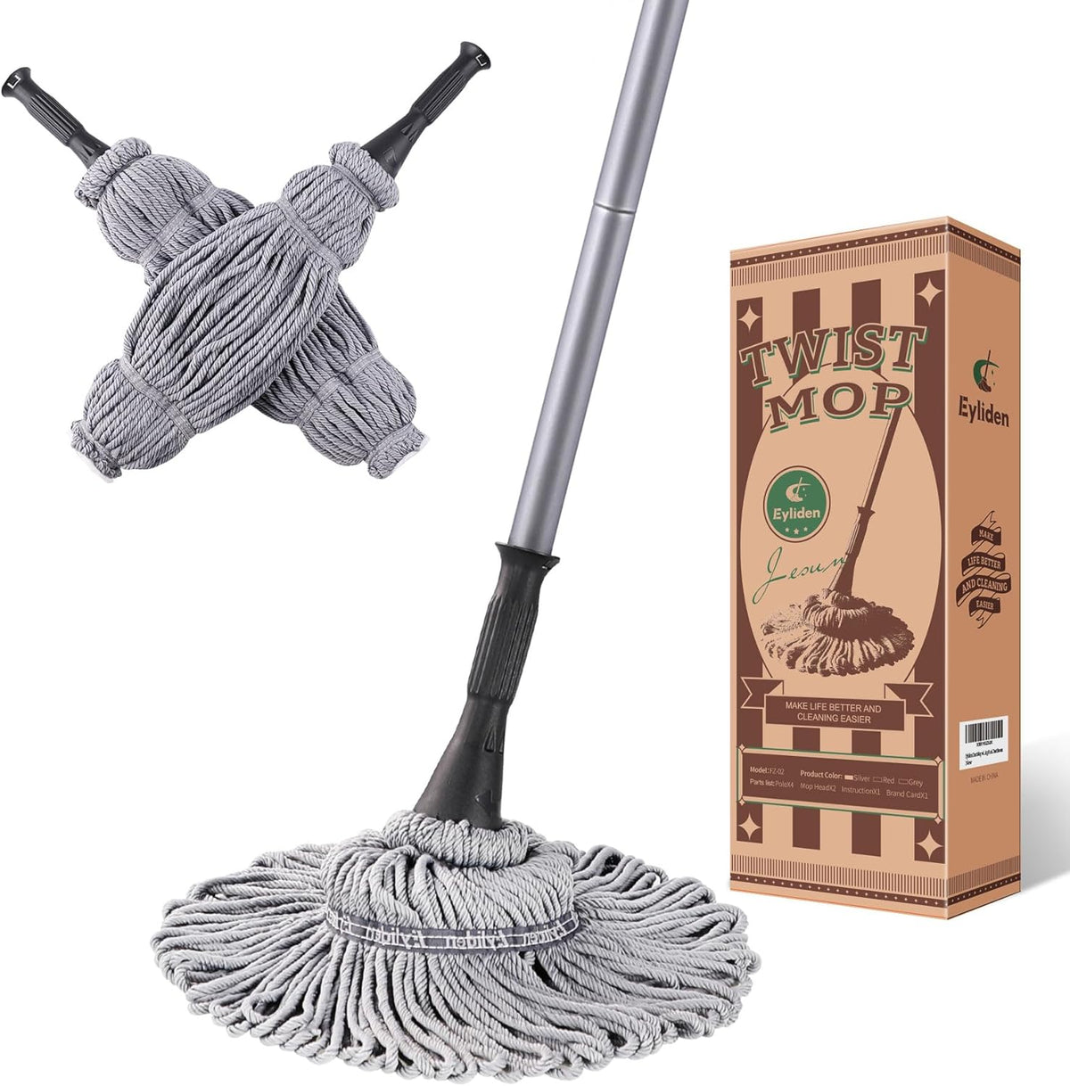 Eyliden Mop with 2 Reusable Microfiber Heads, Easy Wringing Twist Mop