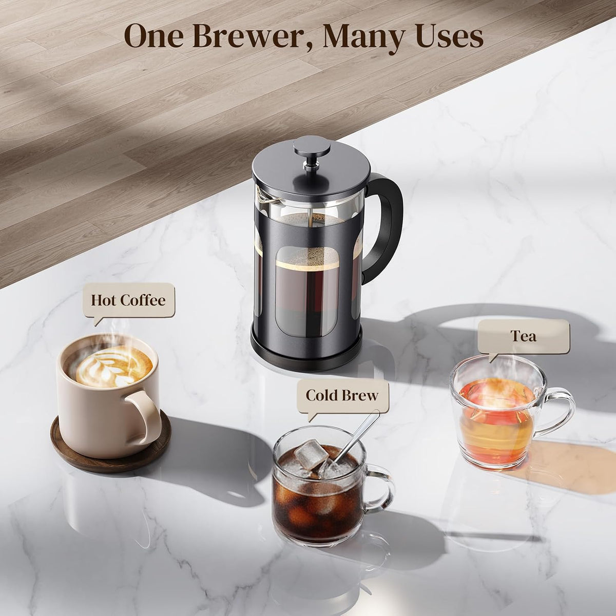 Veken 34oz French Press Coffee Maker, No Plastic Touching Cafe,1 L Cafetera
