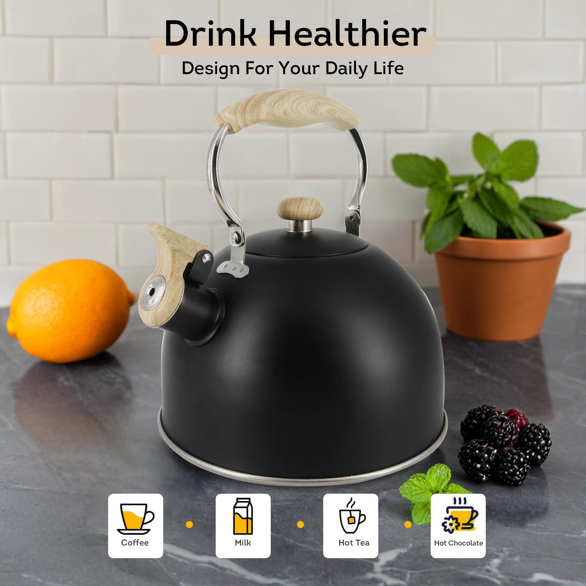 Lily's Home 2 Quart Stainless Steel Whistling Tea Kettle, the Perfect Stovetop Tea and Water Boilers for Your Home, Dorm, Condo or Apartment. (Blue)
