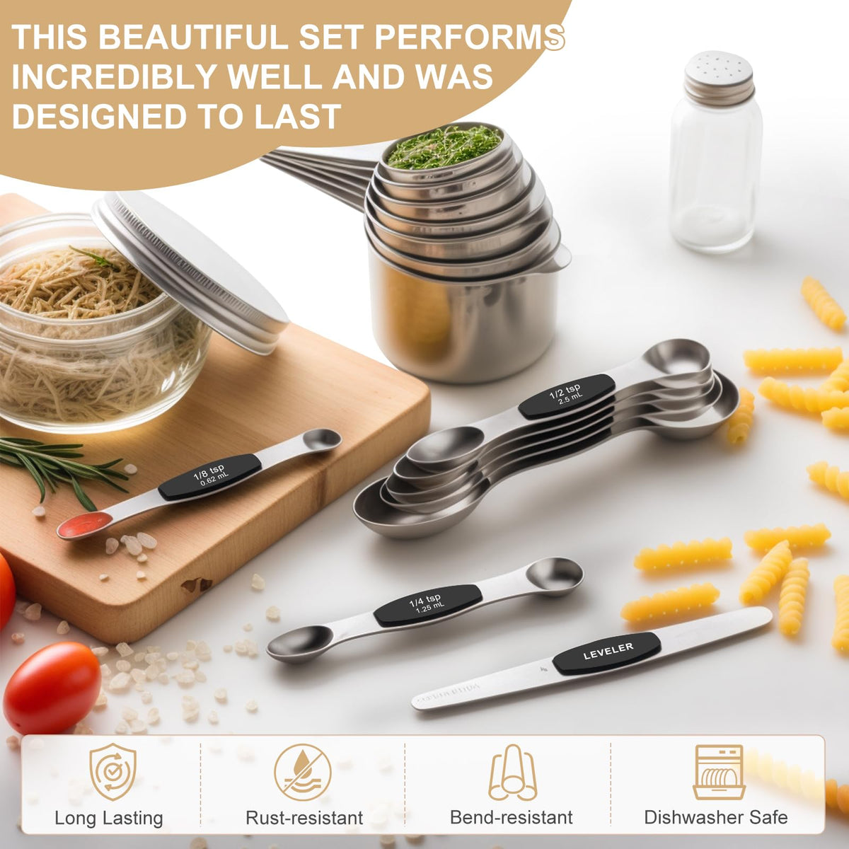 EWFEN Measuring Cups and Spoons Set, 7 Stainless Steel Nesting Measuring Cups & 7 Spoons, 5 Mini Measuring Spoons &1 Leveler, Kitchen Gadgets for Cooking & Baking, Square