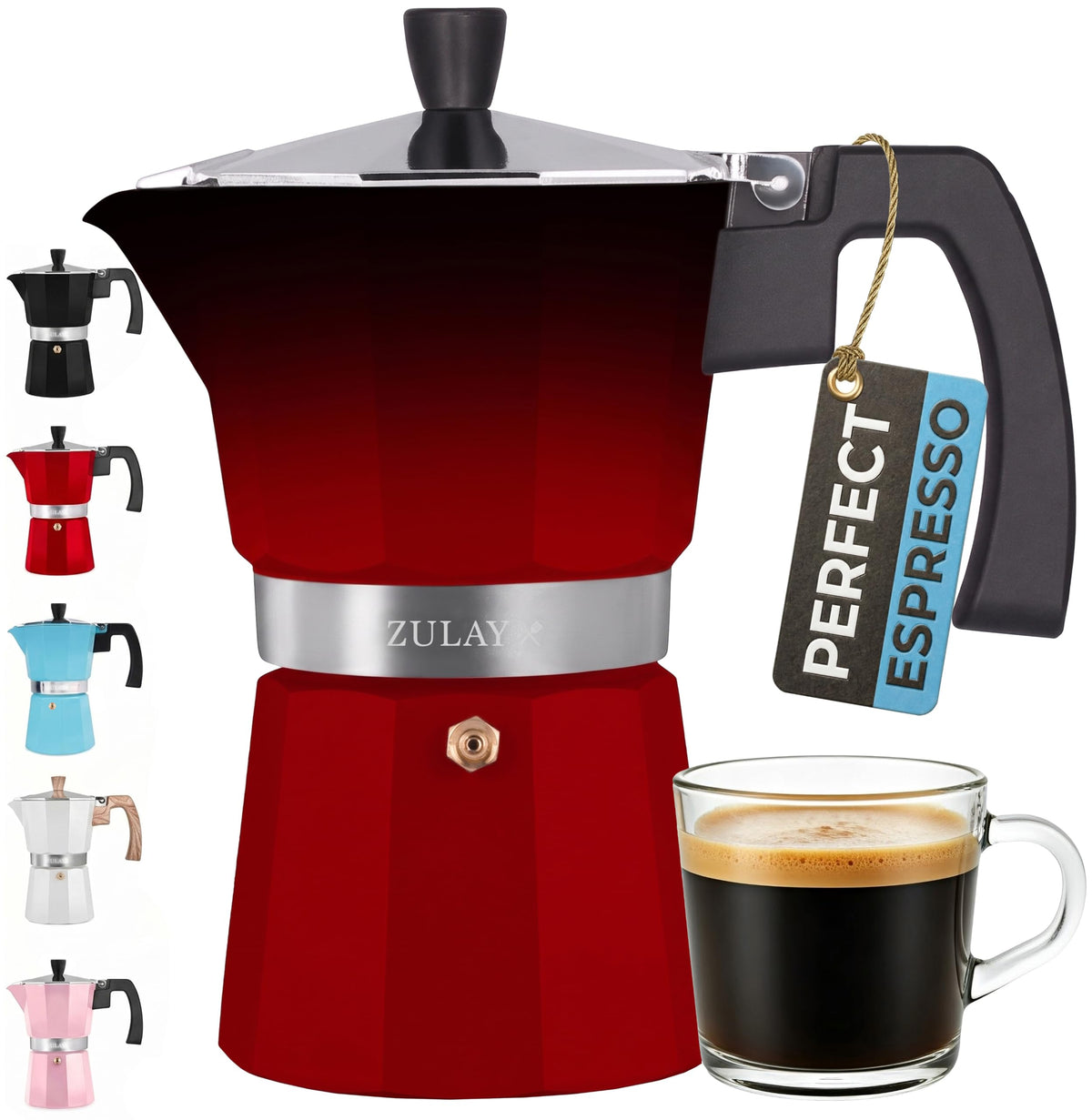 Zulay Moka Pot Espresso Stovetop Coffee Maker - Leak-Proof, Stainless Steel, Easy to Clean, Heat Resistant Handle & Knob - for Authentic Cuban & Italian Style Espresso - Makes 6 Espresso Cups - Red
