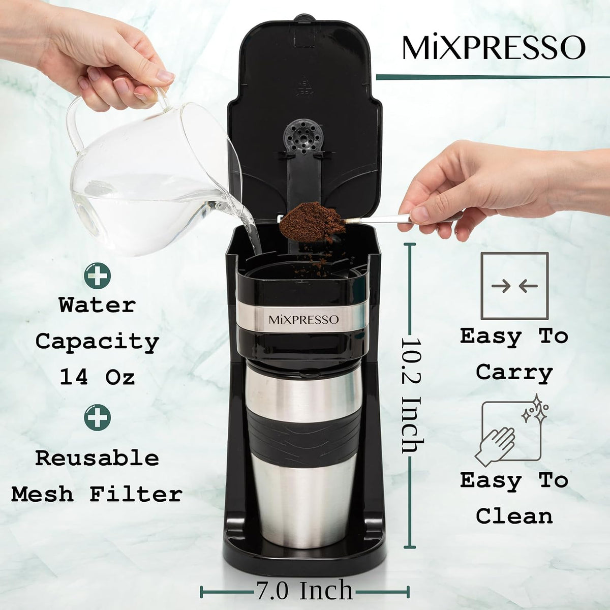 Mixpresso Single Serve & Single Cup Coffee Maker with 14oz Travel Mug Black