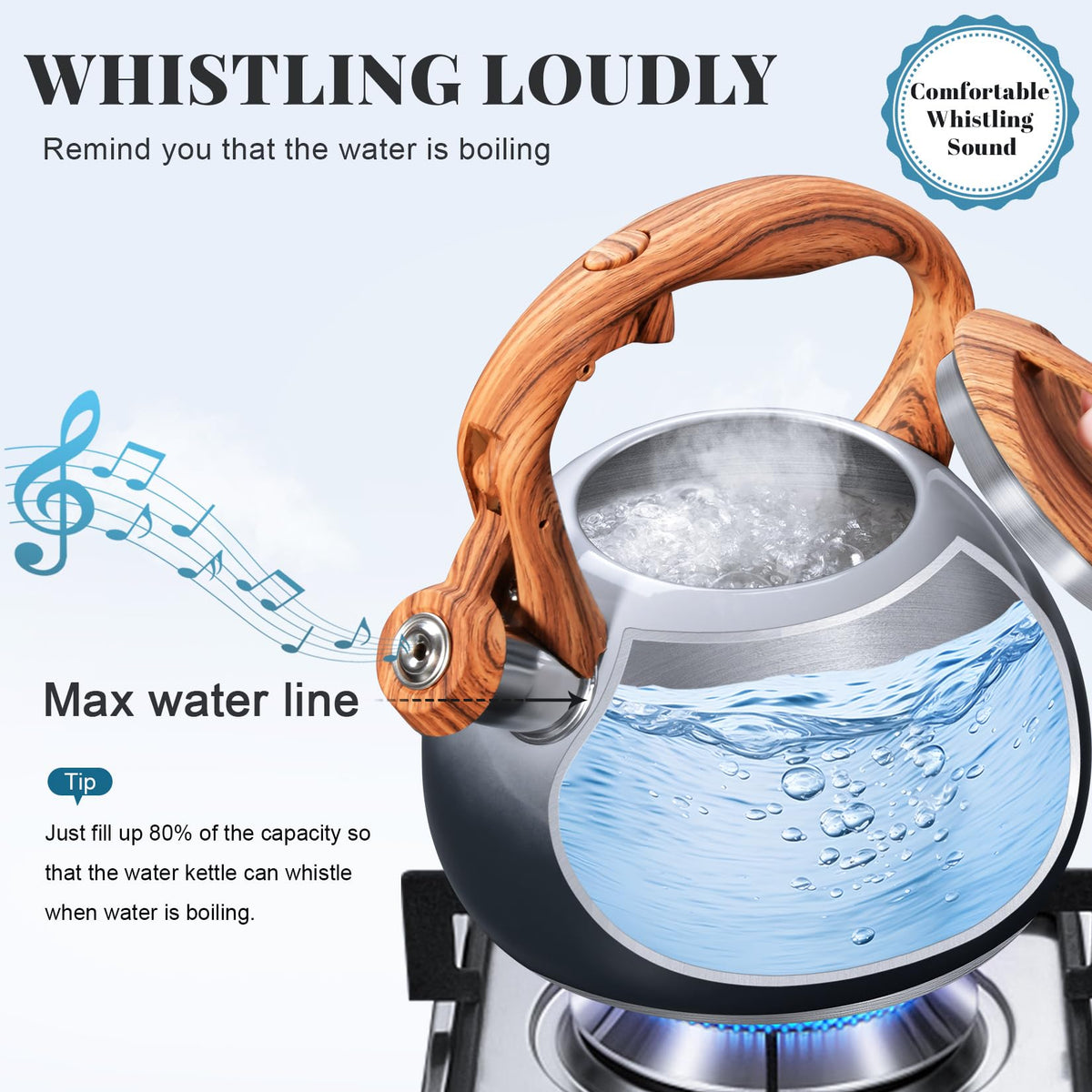 GGC Whistling Tea Kettle for Stove Top, 3.2QT/3L Stainless Steel Tea Kettle