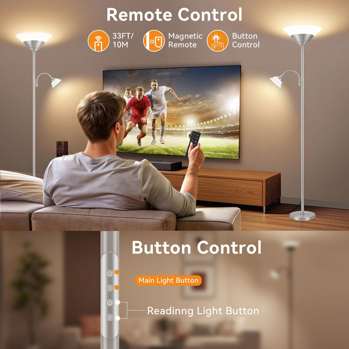 SIBRILLE 2-in-1 Torchiere Floor Lamp, 34W Super Bright LED Standing Lamp with Remote & Touch Control, 72" Dimmable Adjustable Corner Reading Lamp for Living Room, Bedroom, Office, Black