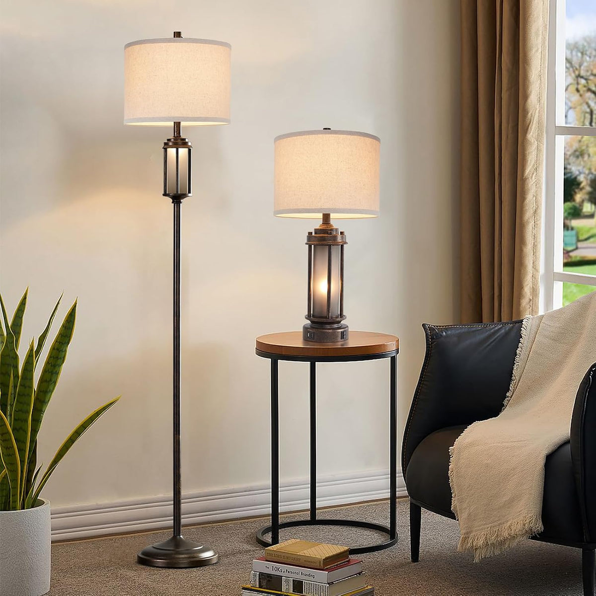 New - Same Matching Floor Lamp - 65'' Floor Lamp + 25'' Table Lamp, Farmhouse Nightstand Lamp with Frosted Glass Nightlight Linen Fabric Shade for Living Room, Bedroom, Entryway Office, Bulb Included