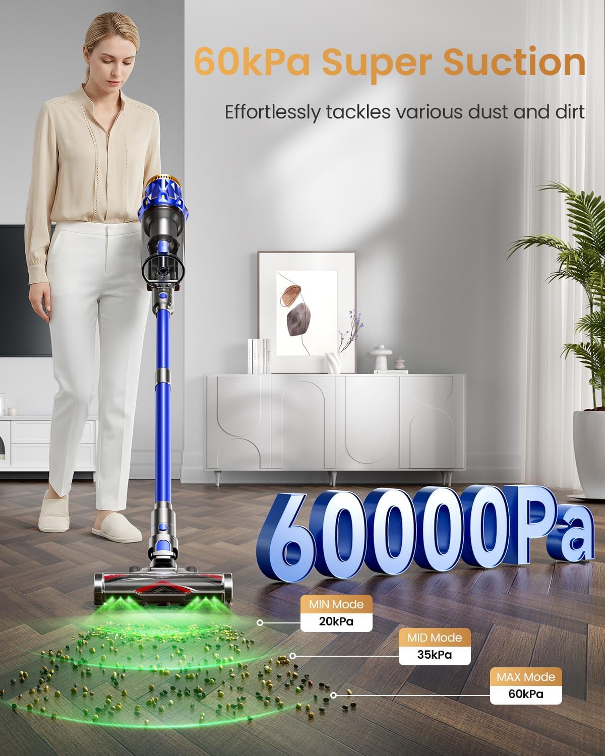 Cordless Vacuum Cleaner, Upgraded 650W 60KPA 70Mins Vacuum Cleaners for Home with Self-Standing Vacuum Cleaner Stick, Anti-tangle Wireless Vacuum, OLED Screen 1.8L Cup for Pet Hair/Carpets/All Floor