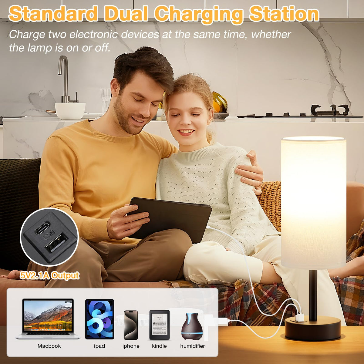 Dicoool Bedside Table Lamp for Bedroom - 3-Way Dimmable Touch Lamp, USB A+C