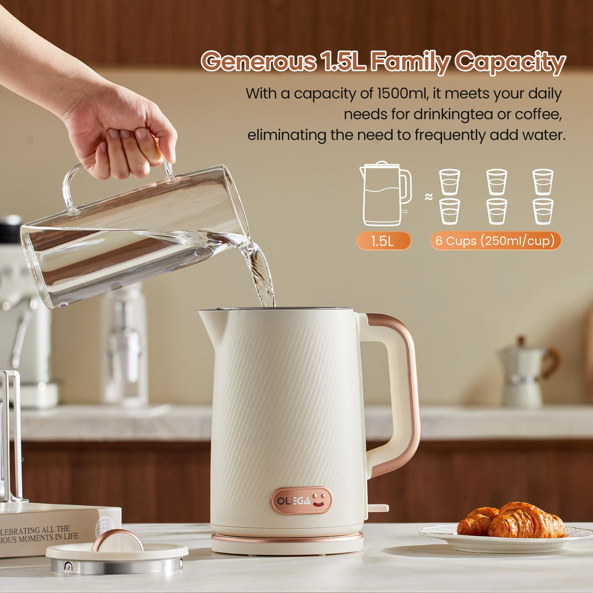 OLEGA Electric Kettle: 1200W Fast Boil Electric Water Kettles, 1.5L Double Wall Stainless Steel Tea Kettle, Auto Shut-Off, BPA-Free Hot Water Boiler Teapot for Coffee & Tea -Ligth Green