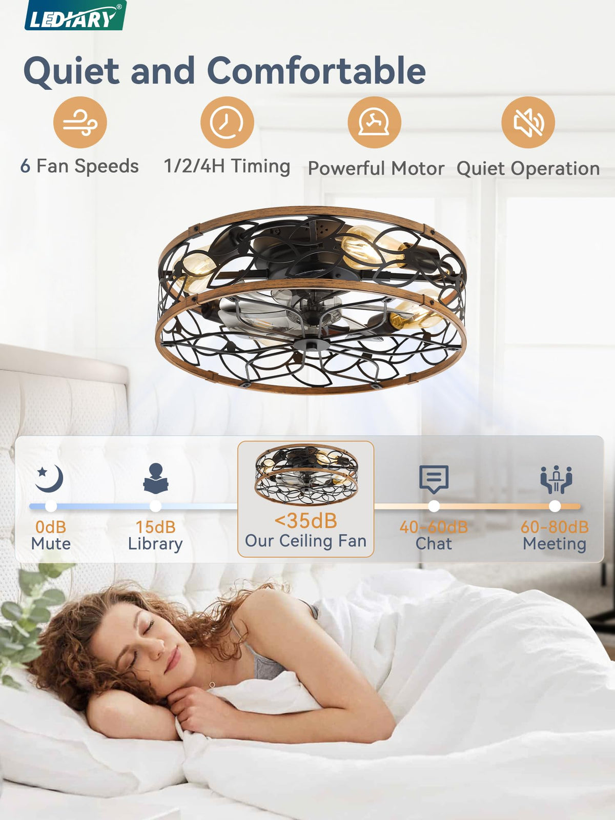 LEDIARY Caged Ceiling Fan with Light, Flush Mount Fandalier with Remote