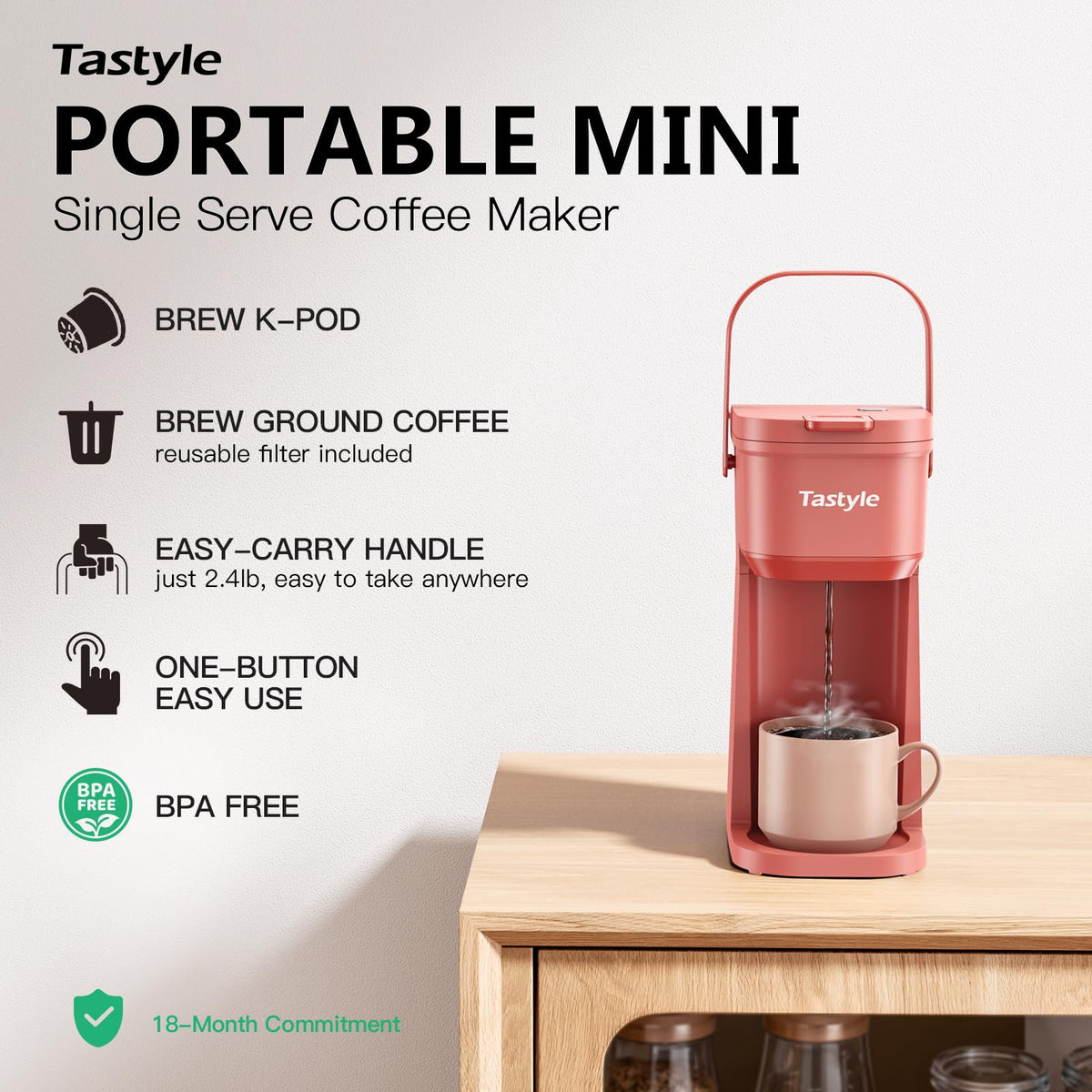 Tastyle Mini Single Serve Coffee Maker for K Cups and Grounds with Handle