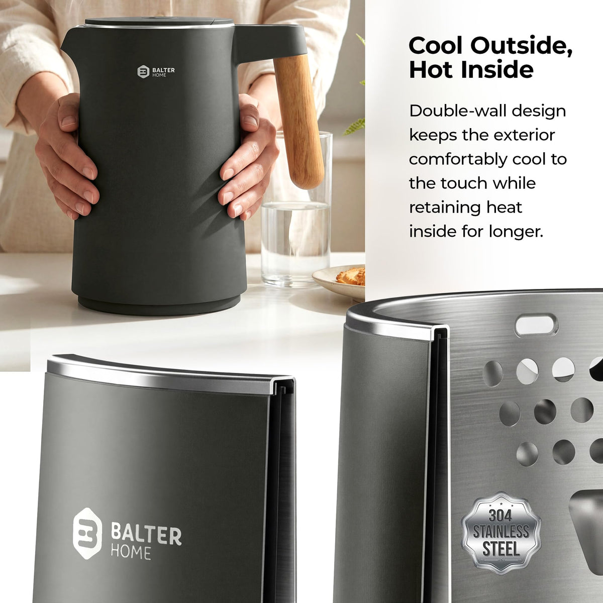BALTER Electric Kettle with Temperature control, 113 °F – 212 °F, Tea pot, Stainless steel, double wall water kettle, BPA-free, 1.5 L, Black