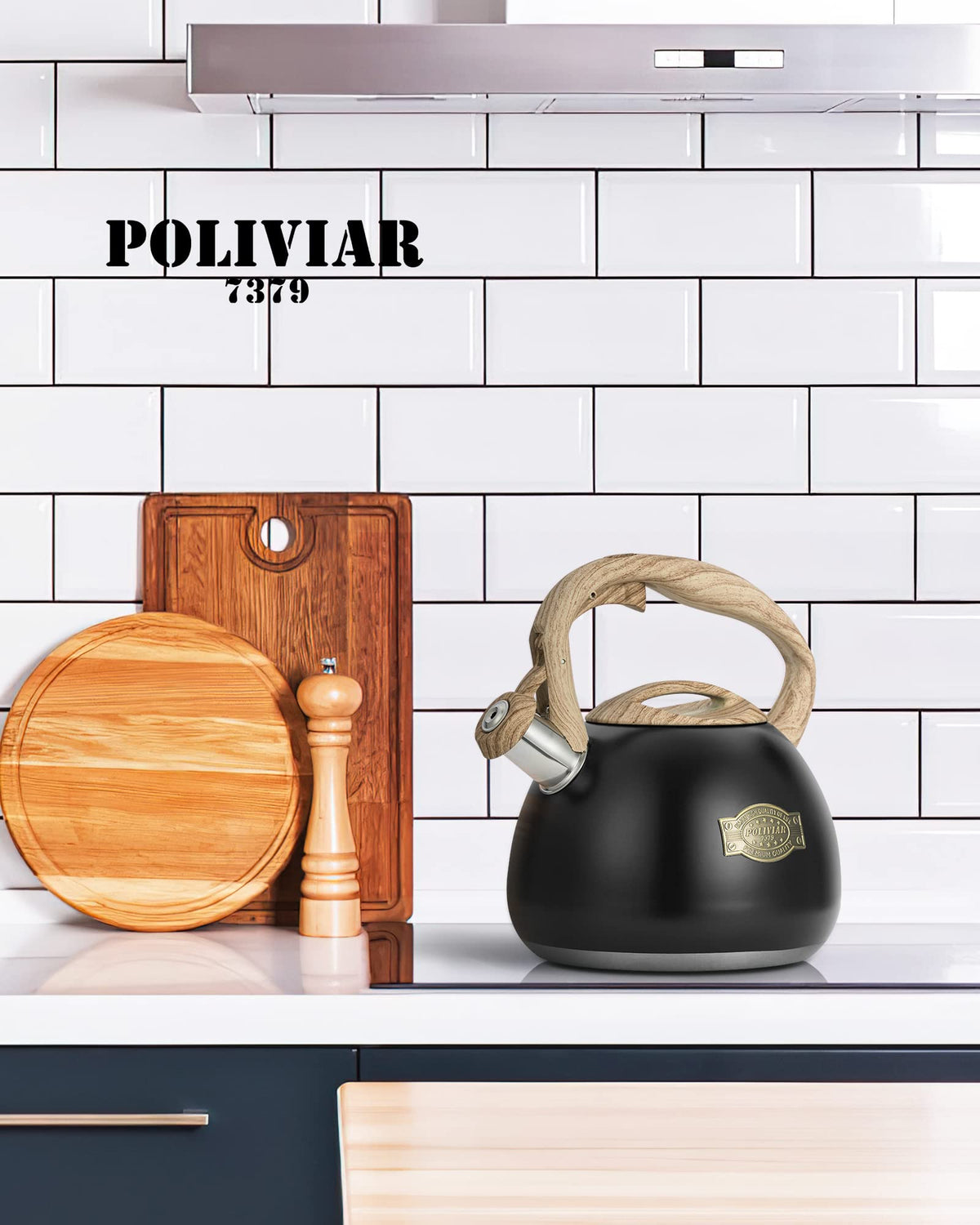 POLIVIAR Tea Kettle, 2.7 Quart Natural Stone Finish with Wood Pattern Handle Loud Whistle Food Grade Stainless Steel Teapot, Anti-Hot Handle and Anti-Rust, Suitable for All Heat Sources (JX2018-GR20)