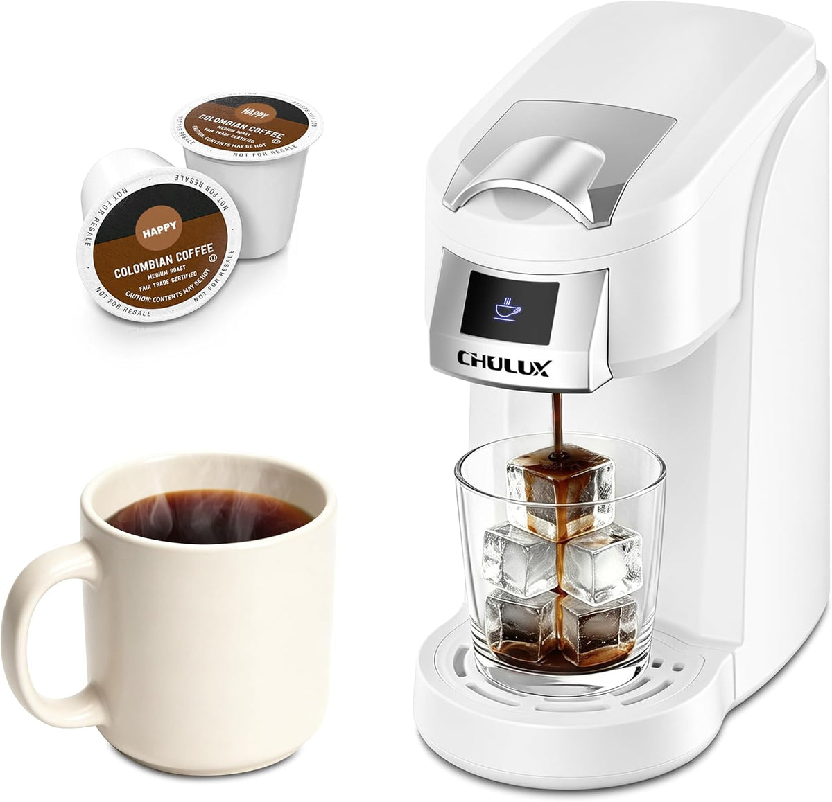 CHULUX Lite Single Serve Coffee Maker for K Cup with One Touch Brew, White
