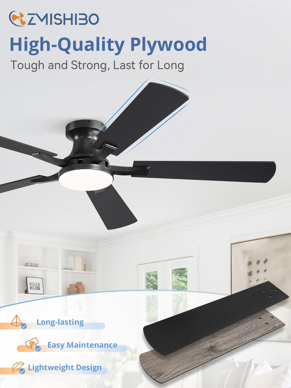ZMISHIBO 52 Inch Ceiling Fans with Lights, Remote&App Control, Flush Mount