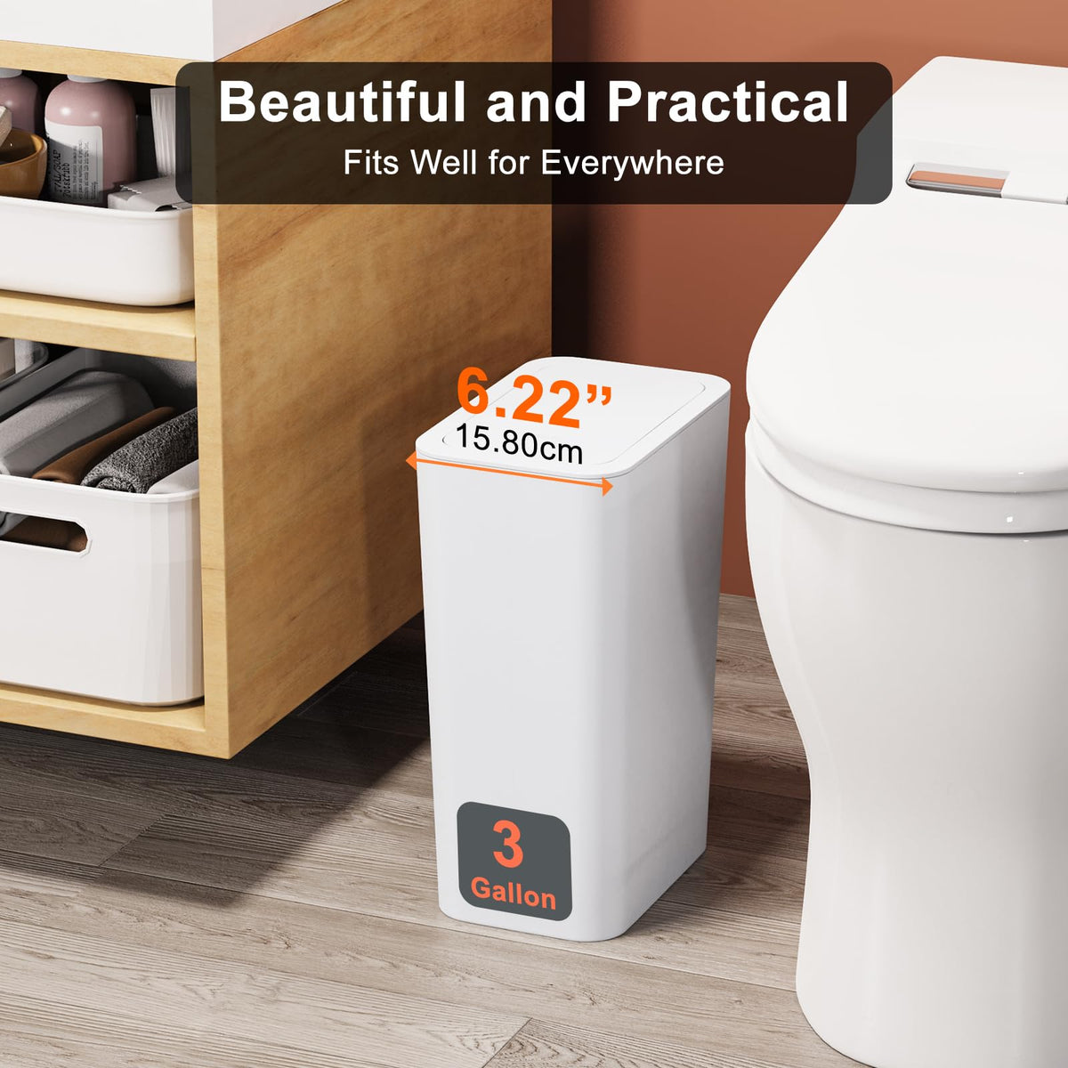N. NETDOT 3 Pack 10L / 2.6 Gallon Small Trash Can with Lid, Bathroom Garbage Can with Pop-Up Lid, Waste Basket for Bathroom, Kitchen, Bedroom, Powder Room, Craft Room, Office, College (Off White)