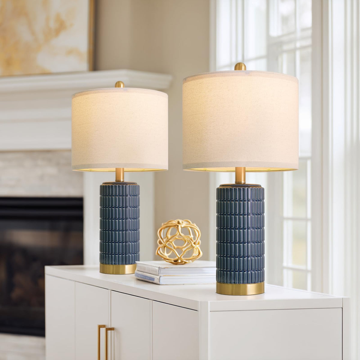 PoKat 20.75" Small Modern Ceramic Table Lamps Set of 2 for Bedroom, White