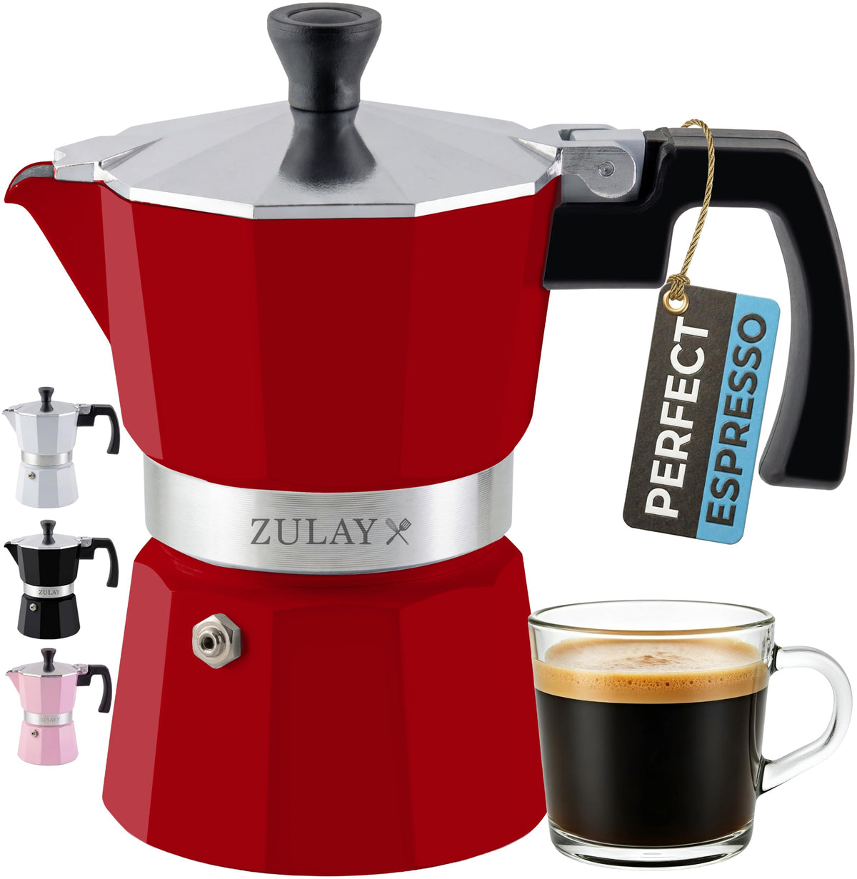 Zulay Moka Pot Espresso Stovetop Coffee Maker - Leak-Proof, Stainless Steel, Easy to Clean, Heat Resistant Handle & Knob - for Authentic Cuban & Italian Style Espresso - Makes 6 Espresso Cups - Red