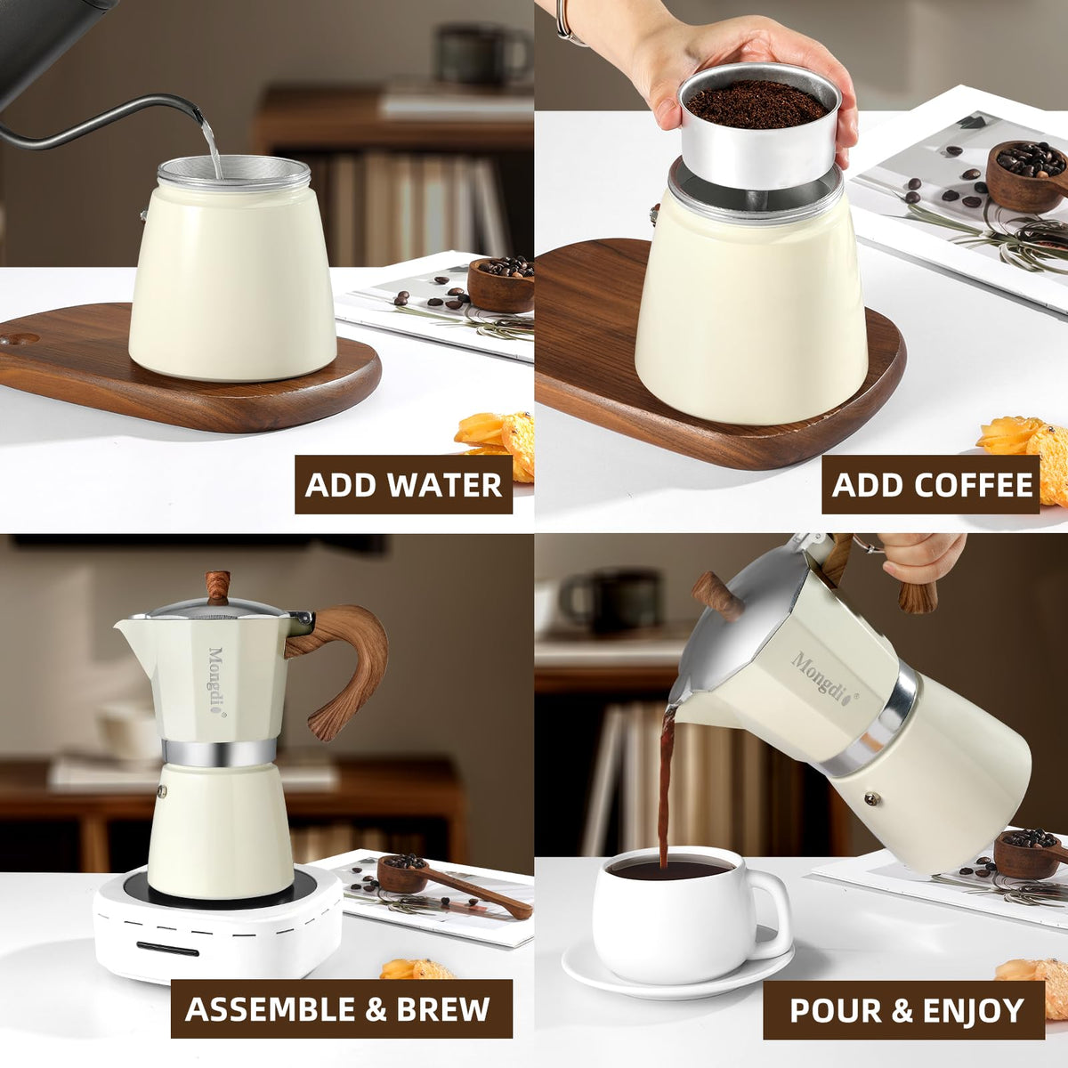 Mongdio Stovetop Espresso Maker Moka Pot, Cuban Coffee Maker Stove Top Coffee Maker Moka Italian Espresso Greca Coffee Maker Brewer Percolator, 6 Espresso Cups, 10 oz - Black
