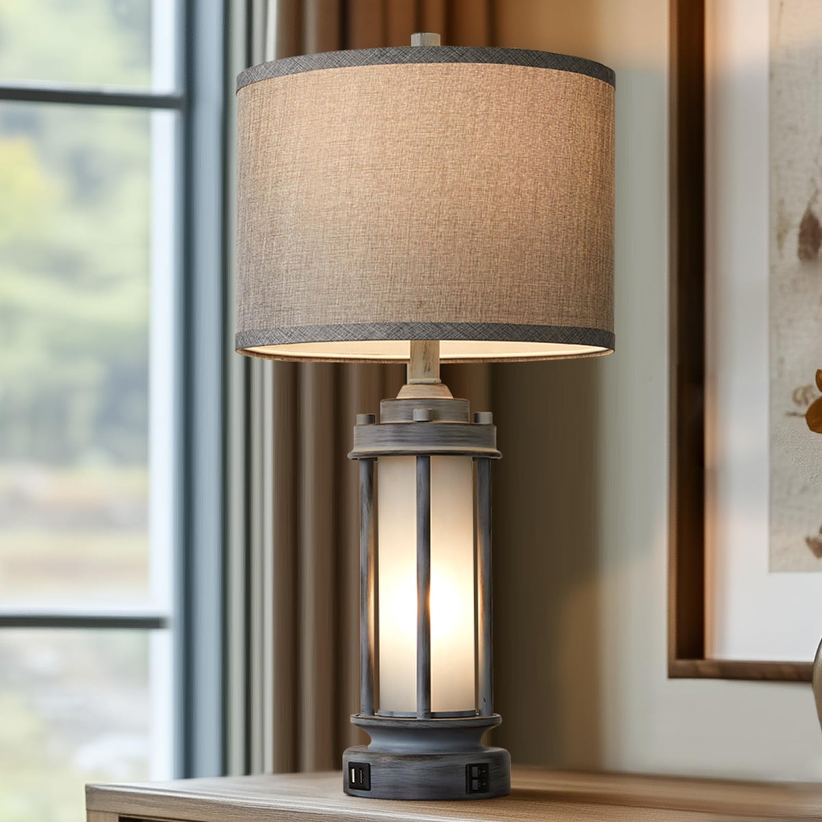 AIEAMPDO 25'' Set of 2 Farmhouse Table Lamps for Living Room with USB C+A
