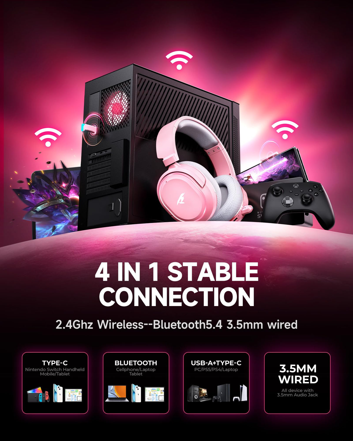 Wireless Gaming Headset for PC PS5 PS4 Mac Switch 7.1 Surround Sound 100-Hr