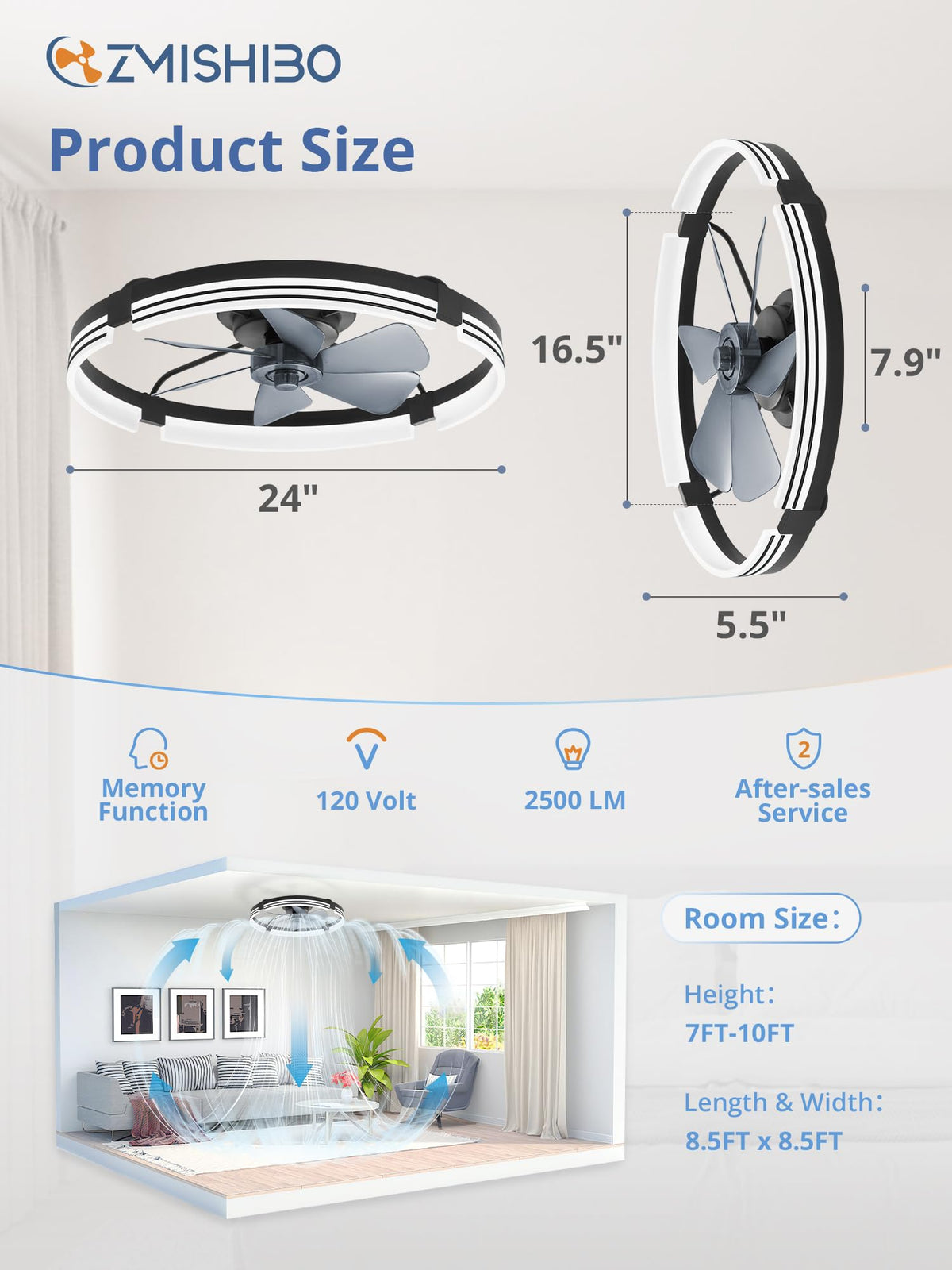 ZMISHIBO Low Profile Ceiling Fans with Lights and Remote, 20" Black