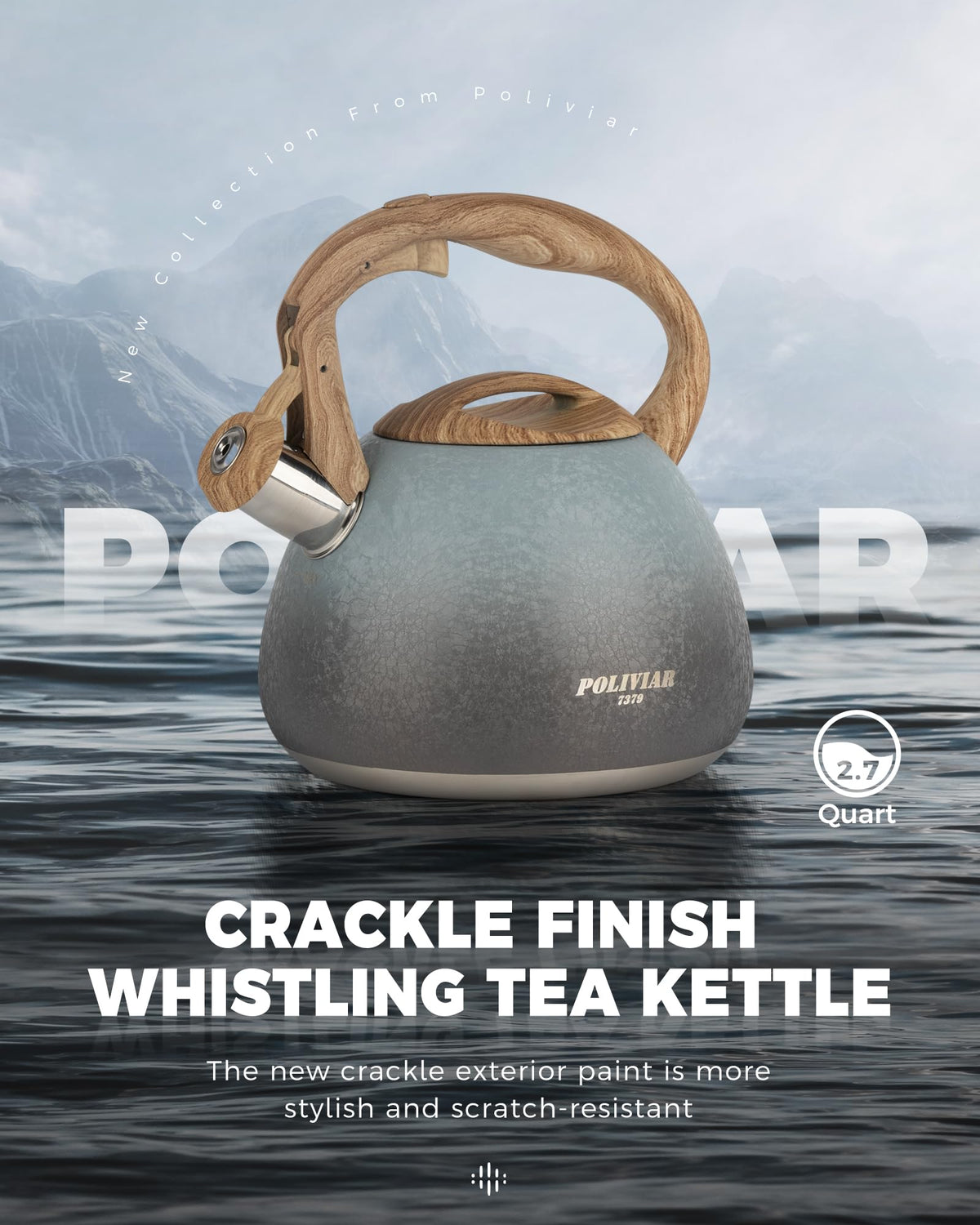 POLIVIAR Tea Kettle, 2.7 Quart Natural Stone Finish with Wood Pattern Handle Loud Whistle Food Grade Stainless Steel Teapot, Anti-Hot Handle and Anti-Rust, Suitable for All Heat Sources (JX2018-GR20)