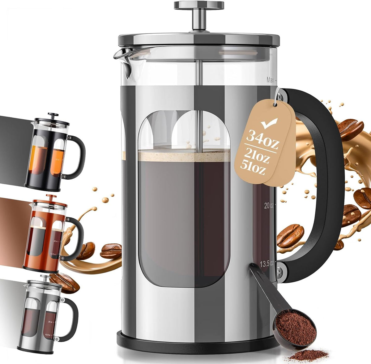 Veken 34oz French Press Coffee Maker, No Plastic Touching Cafe,1 L Cafetera