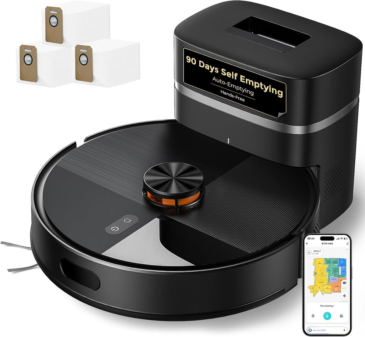 Robot Vacuum and Mop Combo, 12,000 Pa Strong Suction, dToF Laser Navigation with 5 Maps, 90 Days Self-Empty, App Control, Anti-Tangle Brush, for Pet Hair Carpet & Hard Floor