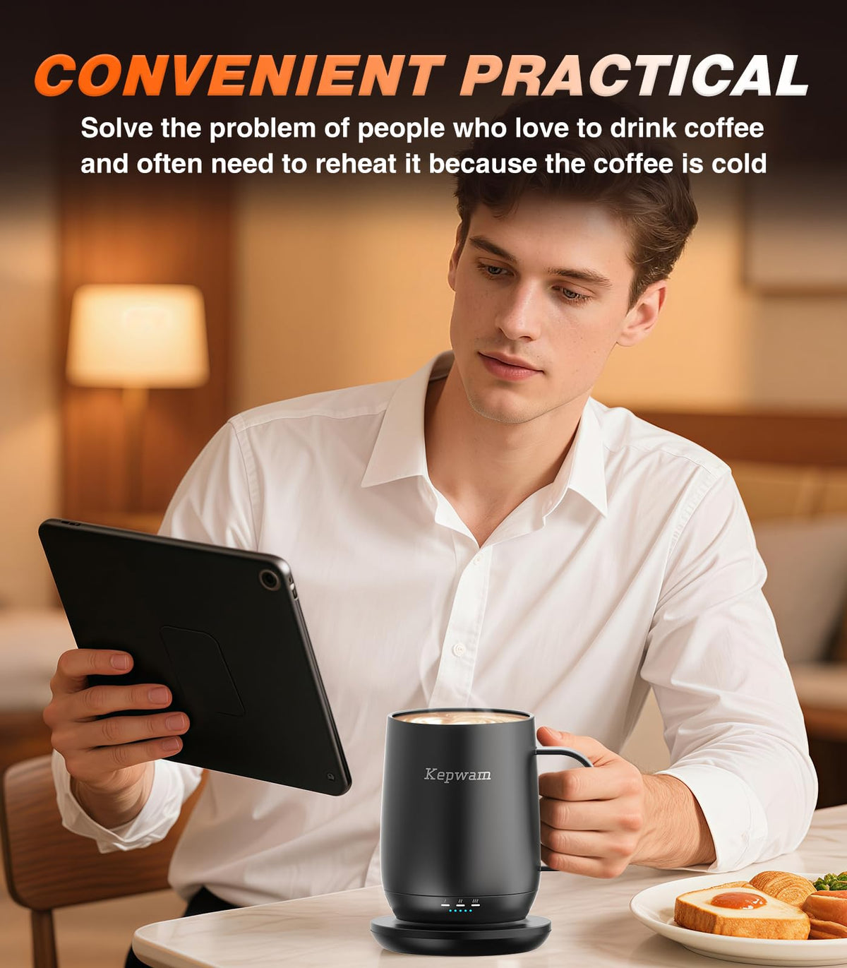 Kepwam Self-Heating Coffee Mug T2, 16oz Electric Heated Mug Hot Up to 149℉