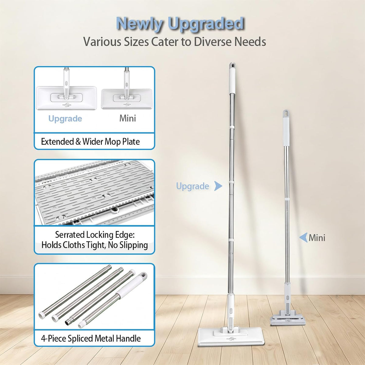 Pawnexa Mop,Clamp Mop,Hands Free Multi Purpose Flat Mops with Squeegee,Multi Function Cleaning Mops for Whole House,Shark Tooth Grip for Any Cloth,Dry and Wet Use(48”Handle,6 Cloths)