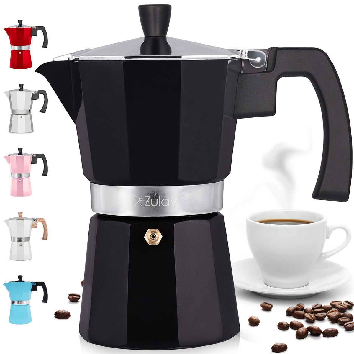 Zulay Moka Pot Espresso Stovetop Coffee Maker - Leak-Proof, Stainless Steel, Easy to Clean, Heat Resistant Handle & Knob - for Authentic Cuban & Italian Style Espresso - Makes 6 Espresso Cups - Red