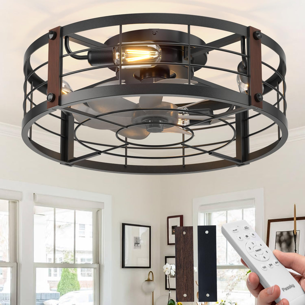 Passky 20" Caged Ceiling Fans with Lights and Remote, Low Profile Fandelier