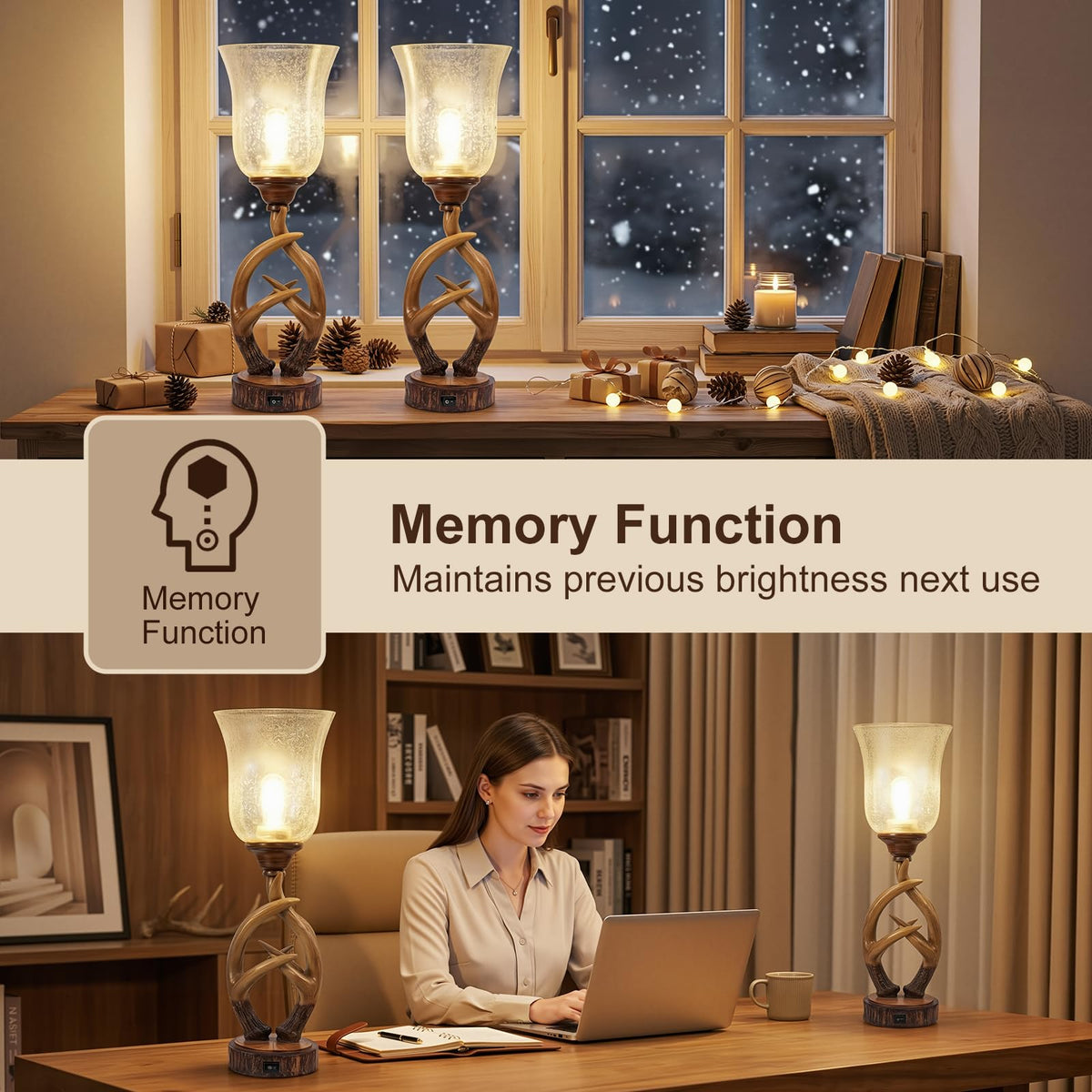 Scenekoy Deer Antler Table Lamp Set of 2 with Nightlight for Living Room