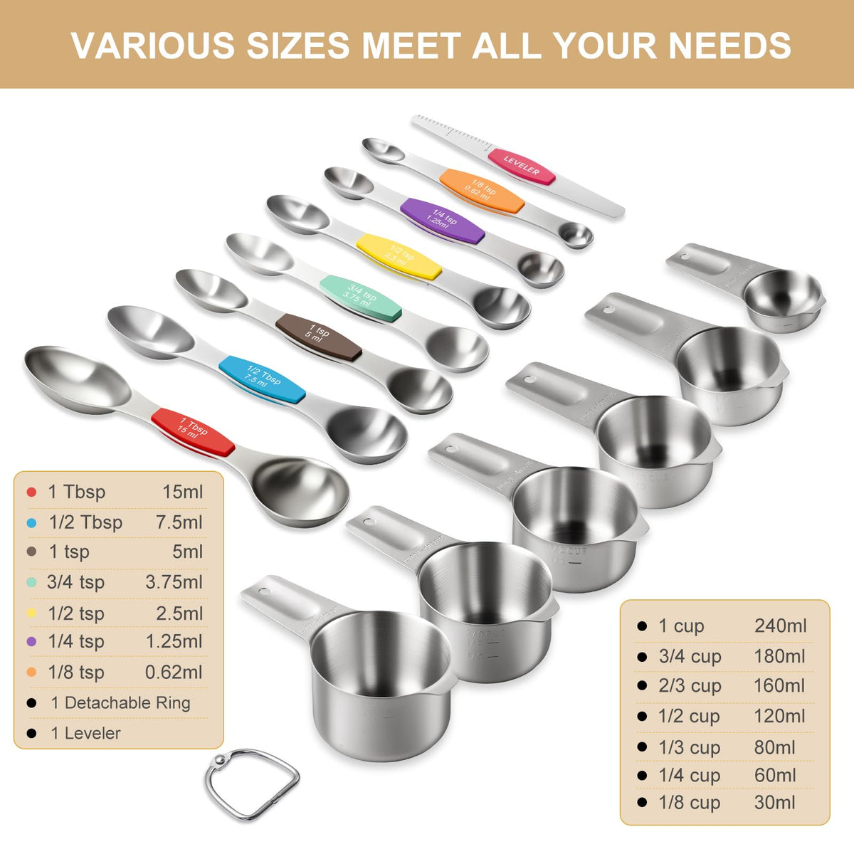 EWFEN Measuring Cups and Spoons Set, 7 Stainless Steel Nesting Measuring Cups & 7 Spoons, 5 Mini Measuring Spoons &1 Leveler, Kitchen Gadgets for Cooking & Baking, Square