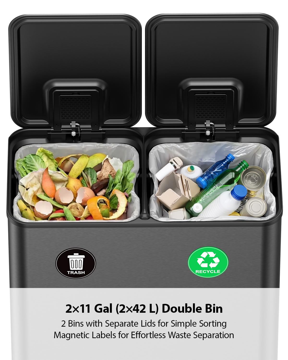 Lovewind Dual Trash and Recycling Bins for Kitchen, 2 * 11-Gallon Stainless Steel Double Trash Can, Step-On Garbage and Recycle Combo, Quiet Close, Pet-Proof, Compatible with 13-Gallon Bags, White