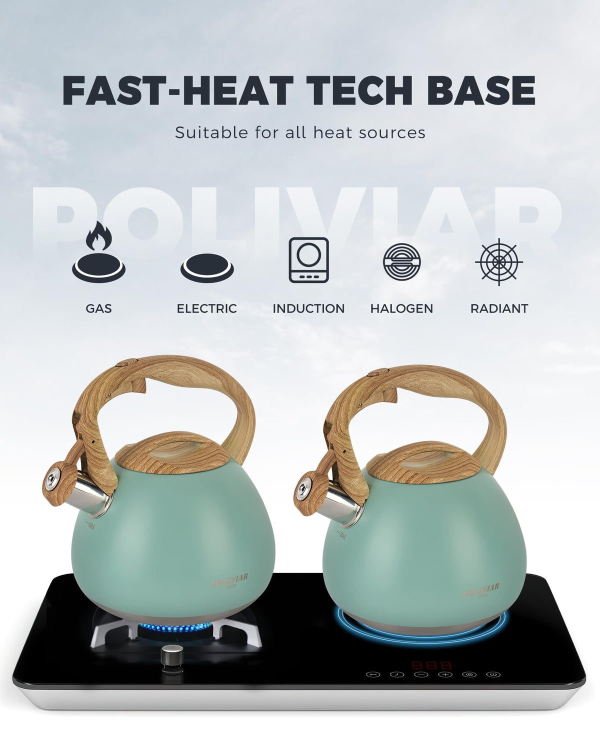 POLIVIAR Tea Kettle, 2.7 Quart Natural Stone Finish with Wood Pattern Handle Loud Whistle Food Grade Stainless Steel Teapot, Anti-Hot Handle and Anti-Rust, Suitable for All Heat Sources (JX2018-GR20)