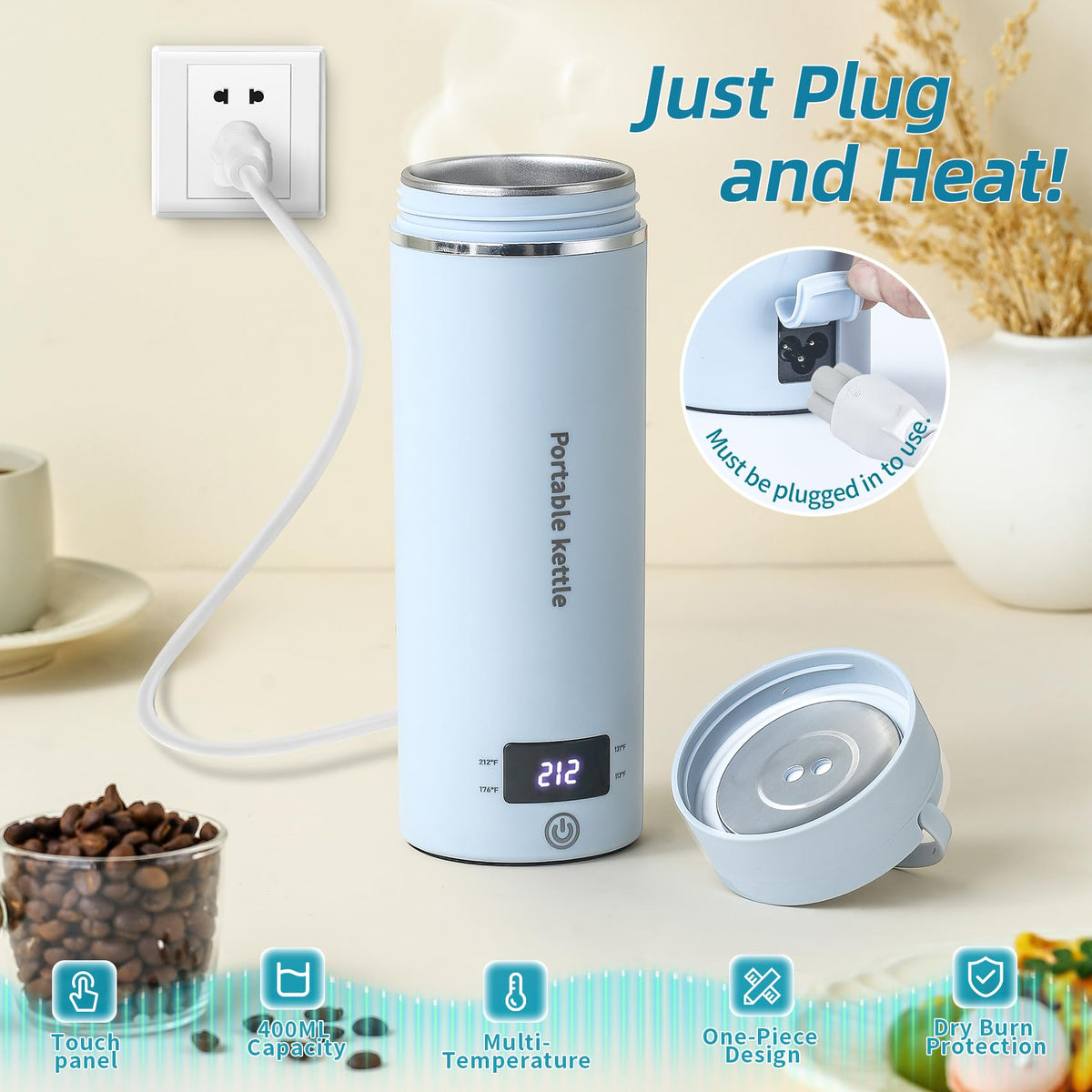 Portable Electric Kettle for Travel 120V, 13.5oz, 4 Temp Settings