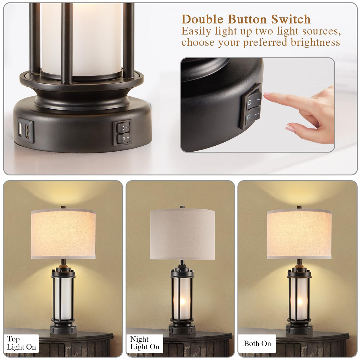 AIEAMPDO 25'' Set of 2 Farmhouse Table Lamps for Living Room with USB C+A