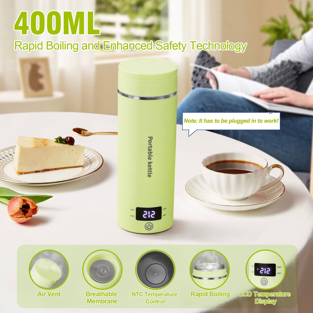 Portable Electric Kettle for Travel 120V, 13.5oz, 4 Temp Settings