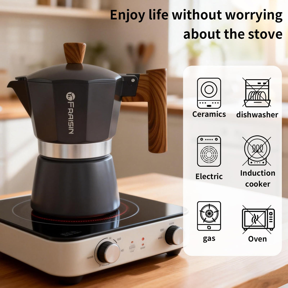 Stovetop Espresso Moka Pot Coffee Maker, Non-slip Wood Grain Handle, Cast Aluminum, Compatible with Gas, and Electric Stoves (Black, 12 cups)