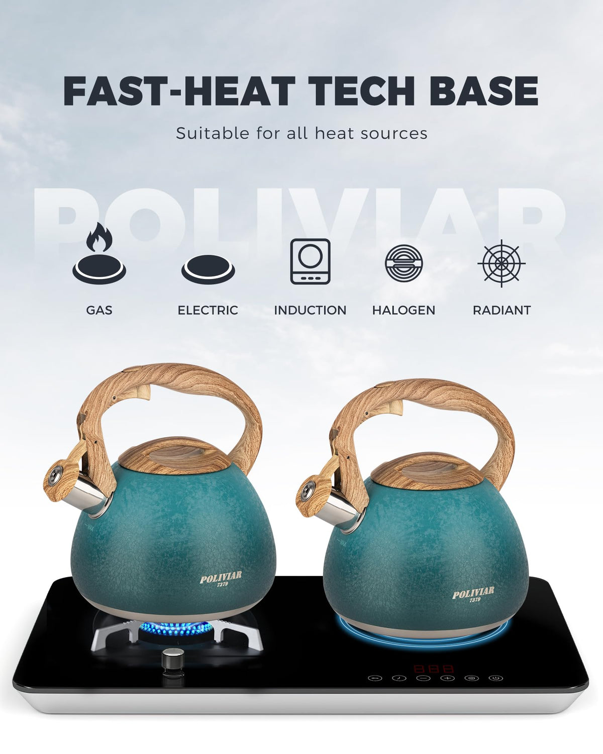 POLIVIAR Tea Kettle, 2.7 Quart Natural Stone Finish with Wood Pattern Handle Loud Whistle Food Grade Stainless Steel Teapot, Anti-Hot Handle and Anti-Rust, Suitable for All Heat Sources (JX2018-GR20)
