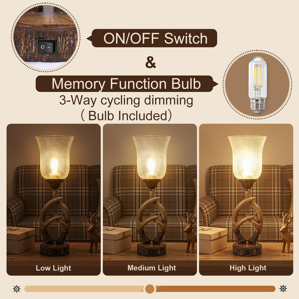 Scenekoy Deer Antler Table Lamp Set of 2 with Nightlight for Living Room