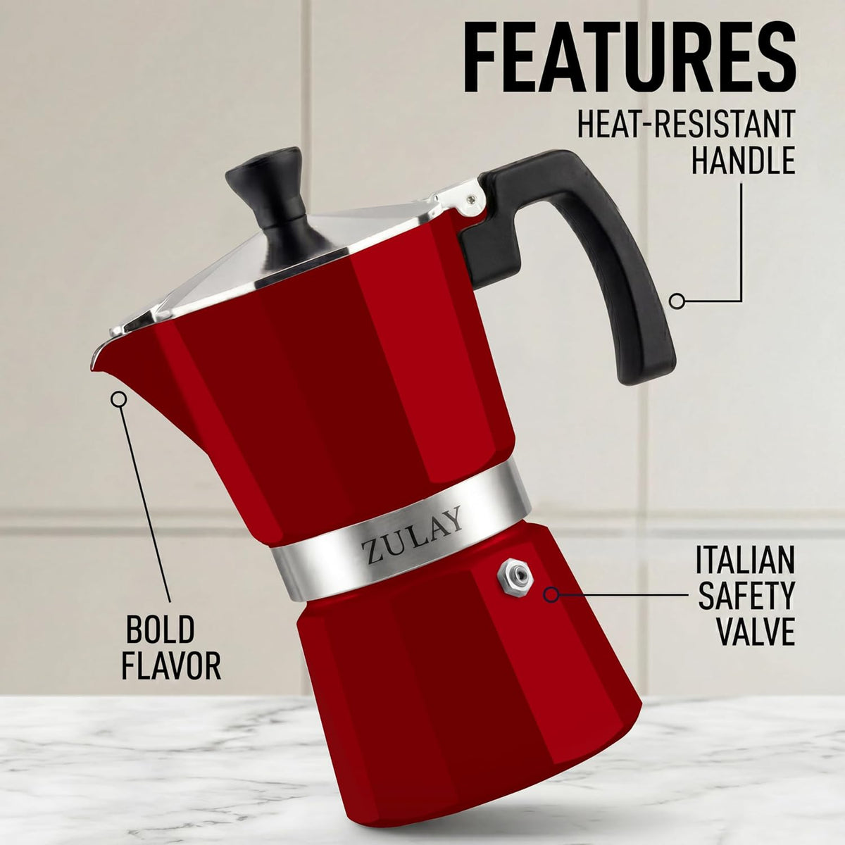 Zulay Moka Pot Espresso Stovetop Coffee Maker - Leak-Proof, Stainless Steel, Easy to Clean, Heat Resistant Handle & Knob - for Authentic Cuban & Italian Style Espresso - Makes 6 Espresso Cups - Red