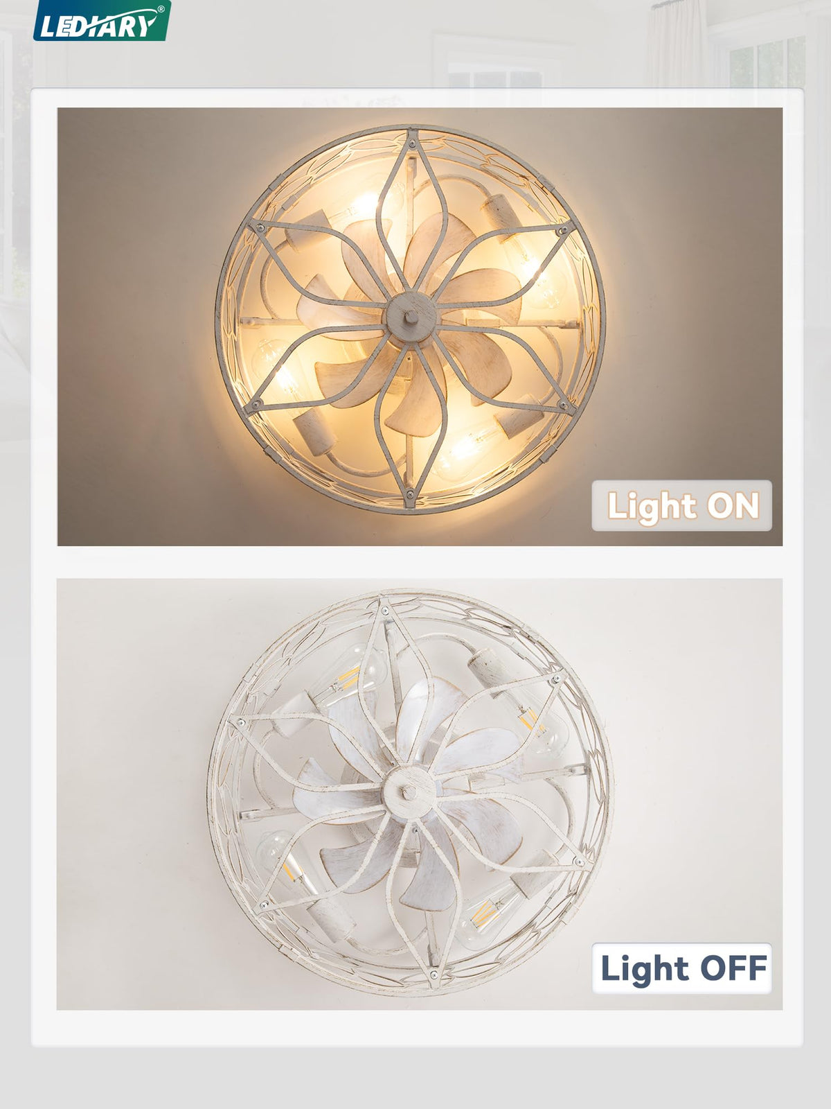 LEDIARY Caged Ceiling Fan with Light, Flush Mount Fandalier with Remote