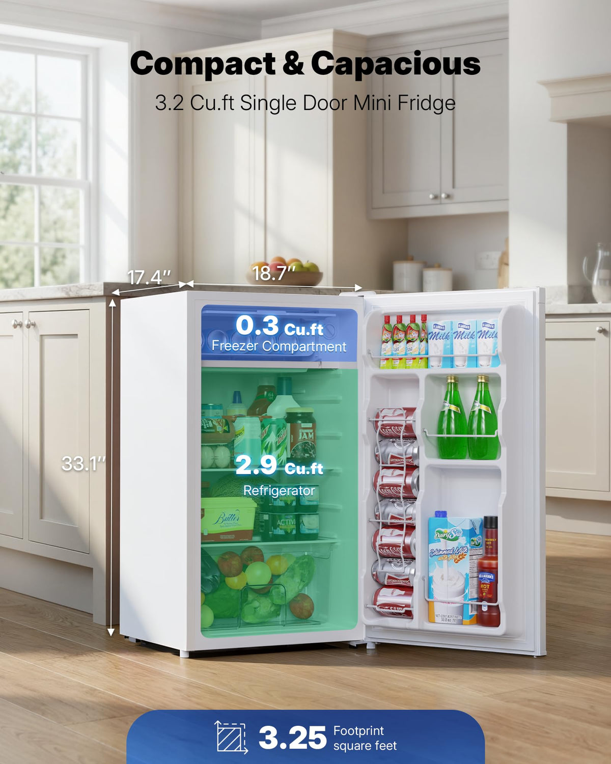 Upstreman 3.2 Cu.Ft Mini Fridge with Freezer, Black-BR321